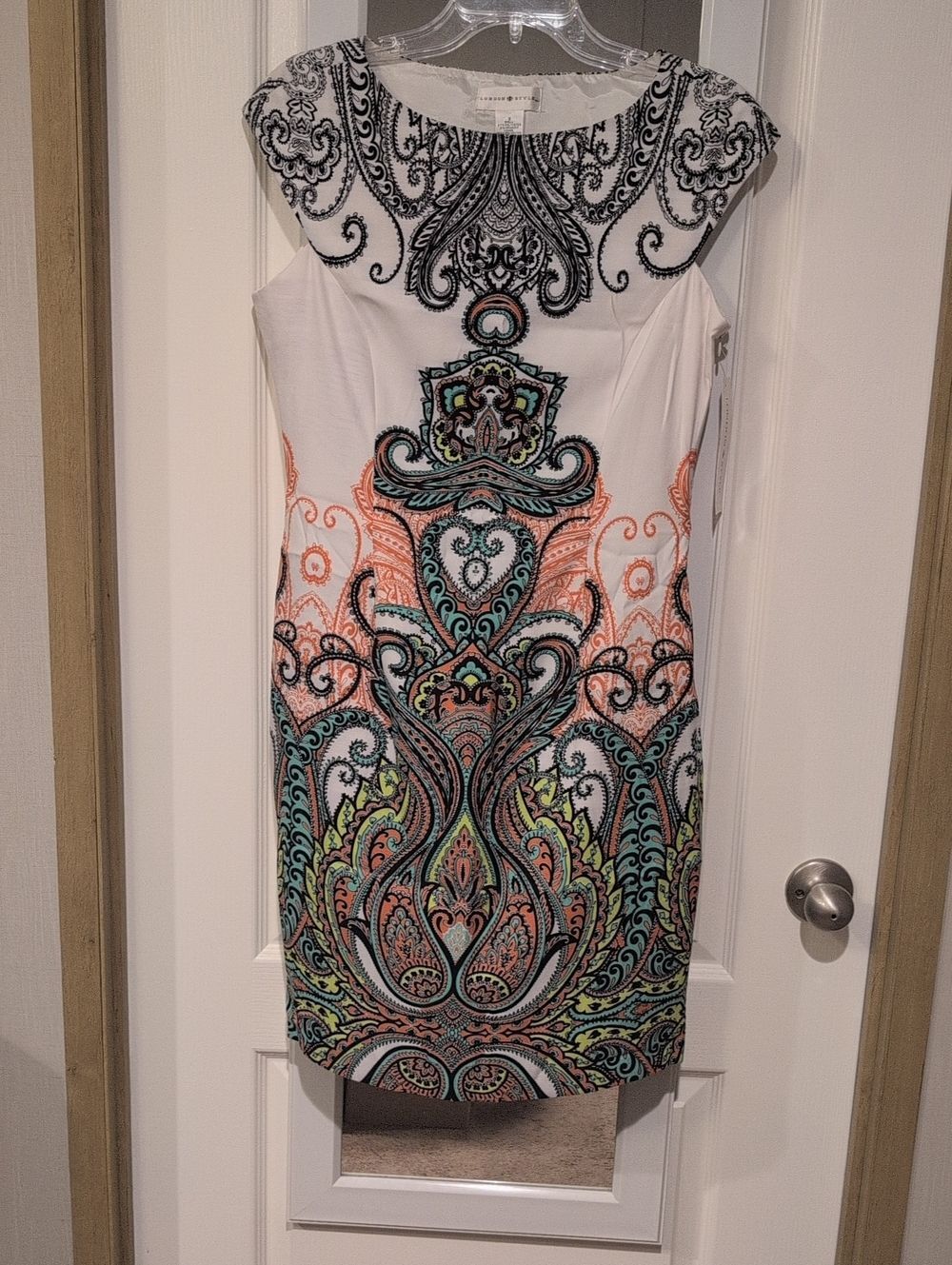 London Style White Cap-Sleeve Paisley Mini Dress with Coral, Teal & Lime Accents